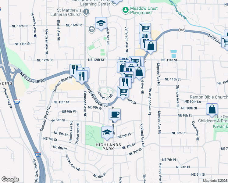 map of restaurants, bars, coffee shops, grocery stores, and more near 2715 Sunset Lane Northeast in Renton