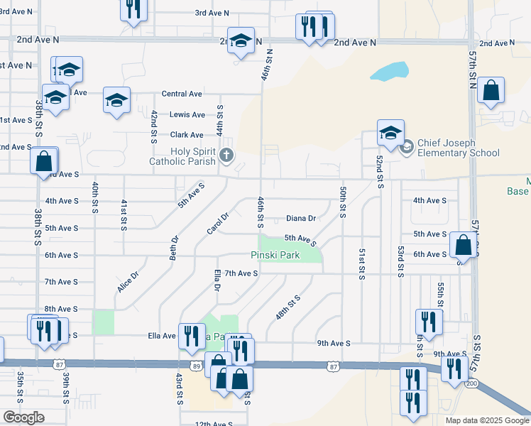 map of restaurants, bars, coffee shops, grocery stores, and more near 403 46th Street South in Great Falls