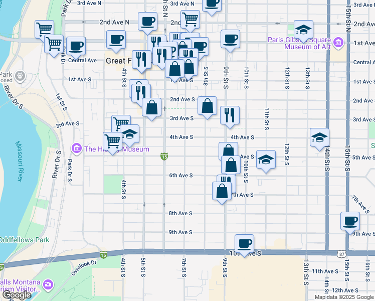 map of restaurants, bars, coffee shops, grocery stores, and more near 401-449 7th Street South in Great Falls
