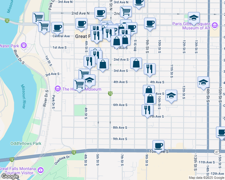 map of restaurants, bars, coffee shops, grocery stores, and more near 606 4th Avenue South in Great Falls