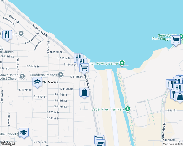 map of restaurants, bars, coffee shops, grocery stores, and more near 11402 South 114th Street in Seattle
