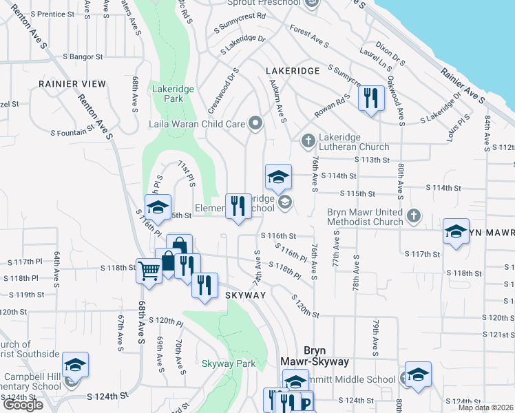 map of restaurants, bars, coffee shops, grocery stores, and more near 11416 Woodley Avenue South in Seattle
