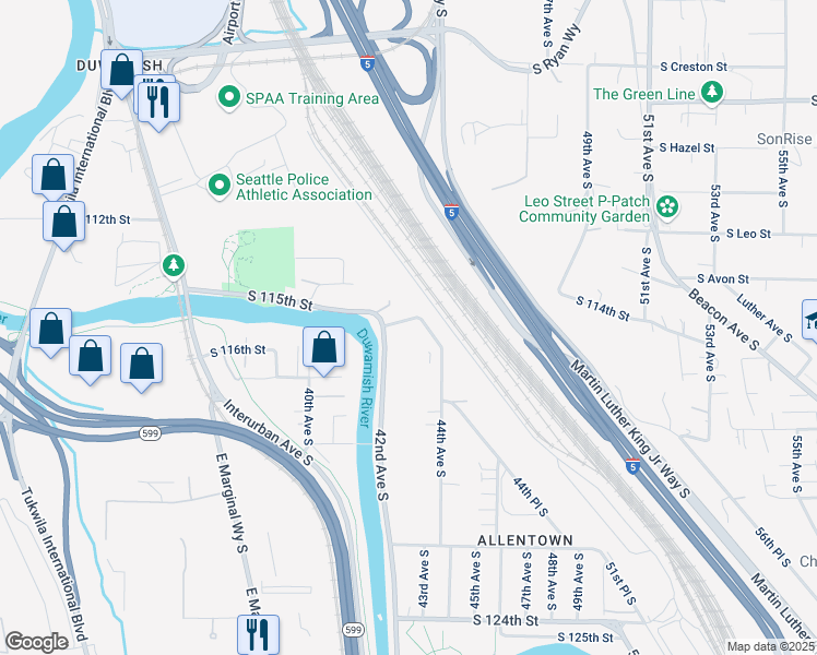 map of restaurants, bars, coffee shops, grocery stores, and more near 4216 South 116th Street in Tukwila