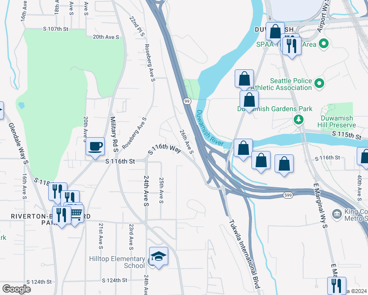 map of restaurants, bars, coffee shops, grocery stores, and more near 11319 26th Avenue South in Burien
