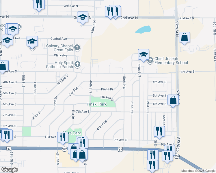 map of restaurants, bars, coffee shops, grocery stores, and more near 4800 Carol Drive in Great Falls