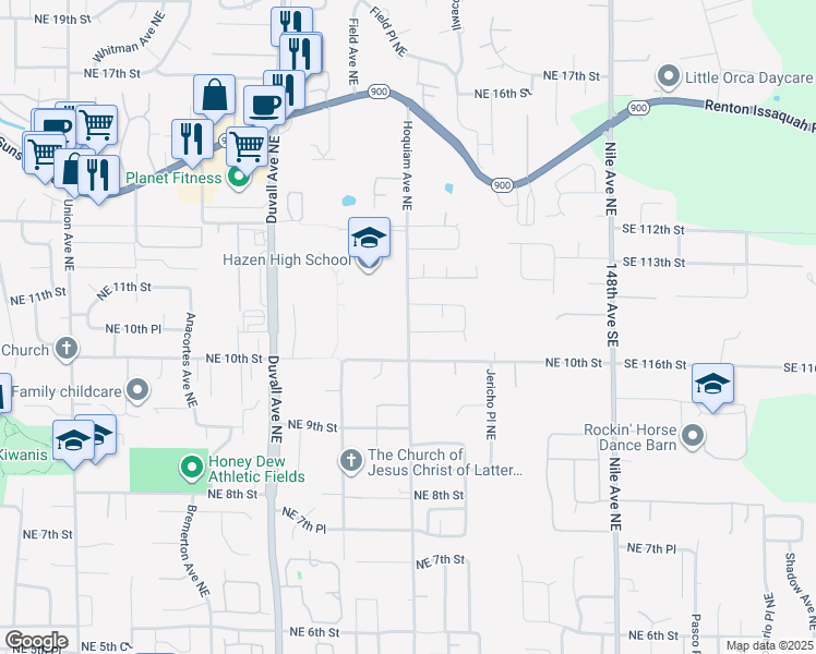map of restaurants, bars, coffee shops, grocery stores, and more near 1030 Hoquiam Avenue Northeast in Renton