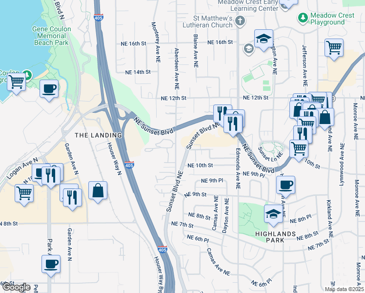 map of restaurants, bars, coffee shops, grocery stores, and more near 1055 Northeast Sunset Boulevard in Renton