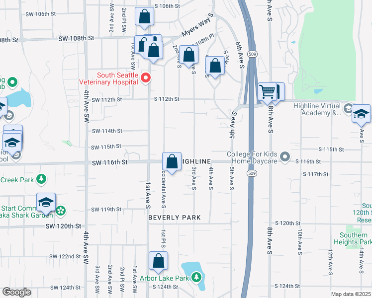 map of restaurants, bars, coffee shops, grocery stores, and more near 11420 Occidental Avenue South in Seattle
