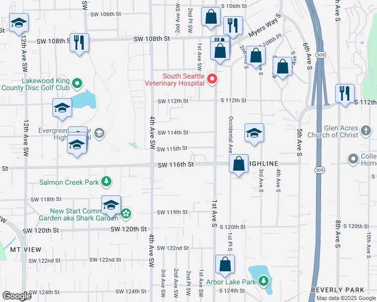 map of restaurants, bars, coffee shops, grocery stores, and more near 140 Southwest 115th Street in Seattle