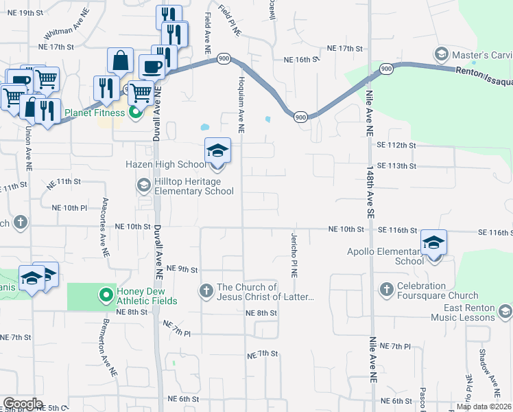 map of restaurants, bars, coffee shops, grocery stores, and more near 1050 Hoquiam Avenue Northeast in Renton