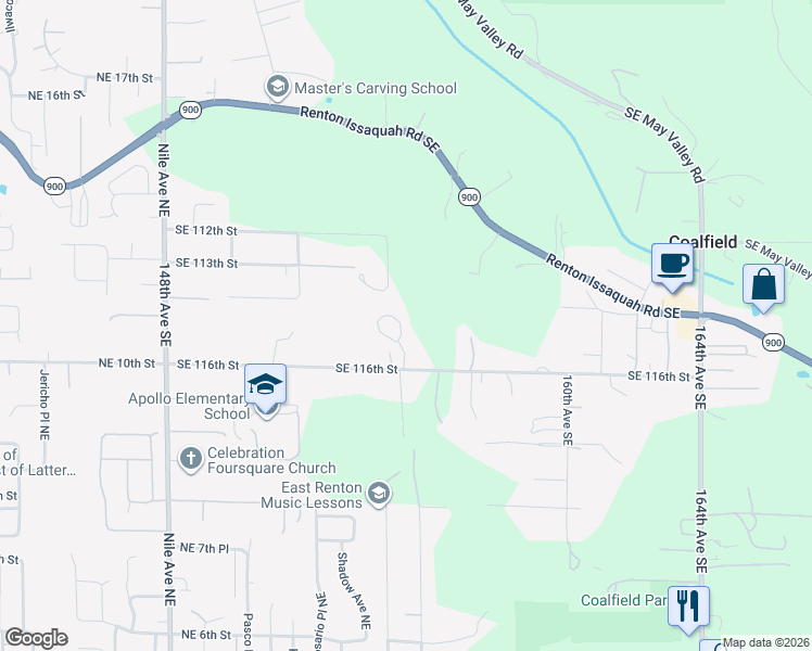 map of restaurants, bars, coffee shops, grocery stores, and more near 11500 155th Avenue Southeast in Renton