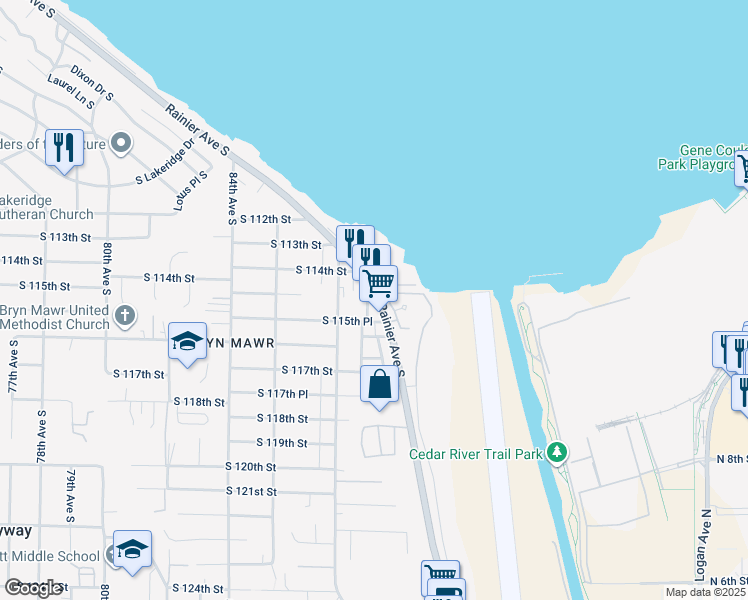 map of restaurants, bars, coffee shops, grocery stores, and more near 11427 Rainier Avenue South in Seattle