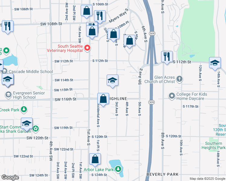 map of restaurants, bars, coffee shops, grocery stores, and more near 11427 3rd Avenue South in Seattle