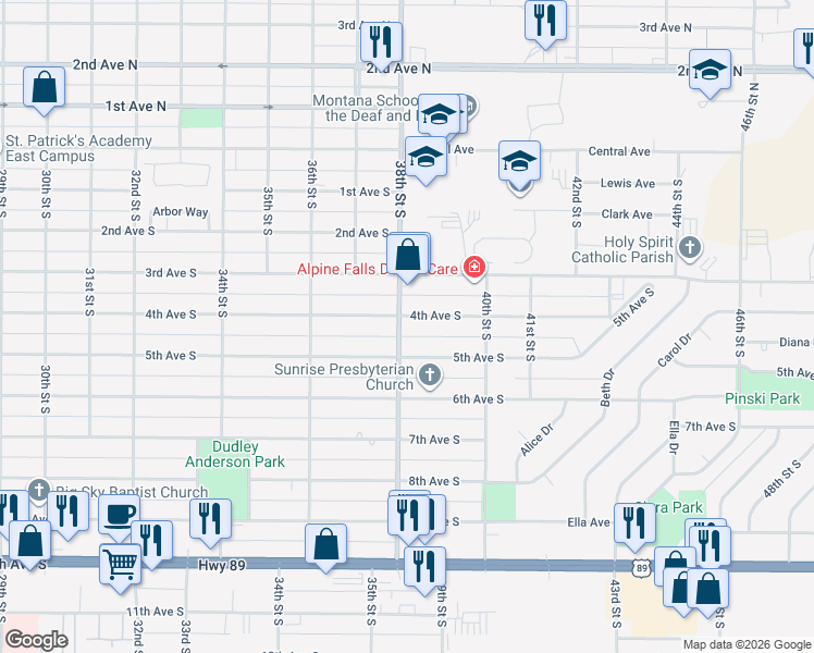 map of restaurants, bars, coffee shops, grocery stores, and more near 3800 4th Avenue South in Great Falls