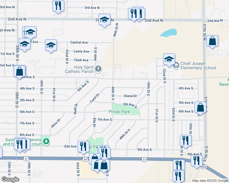 map of restaurants, bars, coffee shops, grocery stores, and more near 403 46th Street South in Great Falls