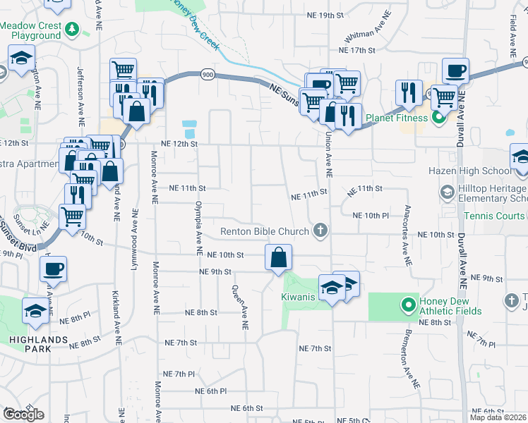 map of restaurants, bars, coffee shops, grocery stores, and more near 3701 Northeast 10th Court in Renton