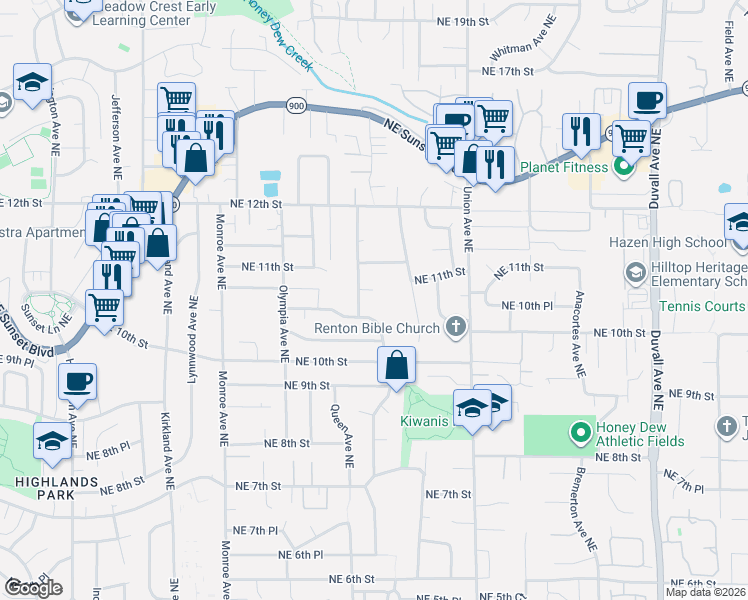 map of restaurants, bars, coffee shops, grocery stores, and more near 3715 Northeast 10th Court in Renton