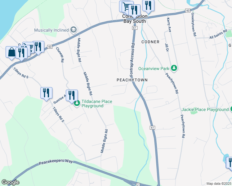 map of restaurants, bars, coffee shops, grocery stores, and more near 26 Mccutcheons Road in Conception Bay South