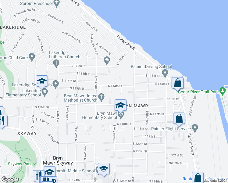 map of restaurants, bars, coffee shops, grocery stores, and more near 11420 81st Place South in Seattle