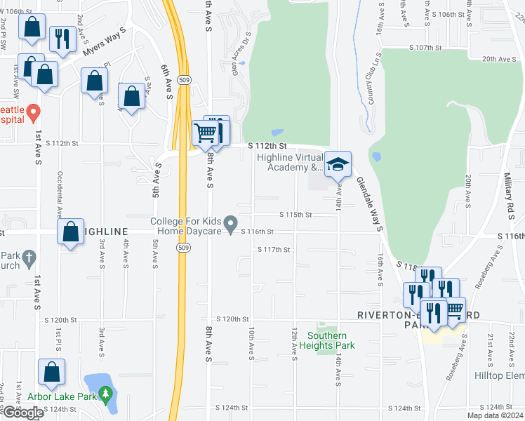 map of restaurants, bars, coffee shops, grocery stores, and more near 1014 South 115th Street in Seattle