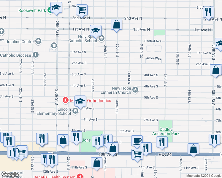 map of restaurants, bars, coffee shops, grocery stores, and more near 2912 4th Ave S in Great Falls