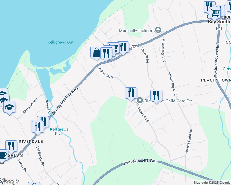 map of restaurants, bars, coffee shops, grocery stores, and more near 23 Maple Oak Path in Conception Bay South