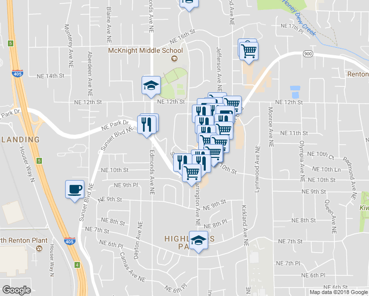 map of restaurants, bars, coffee shops, grocery stores, and more near 1067 Harrington Avenue Northeast in Renton