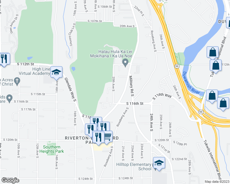 map of restaurants, bars, coffee shops, grocery stores, and more near 11424 20th Avenue South in Seattle