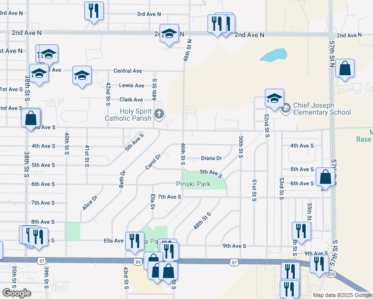 map of restaurants, bars, coffee shops, grocery stores, and more near 403 46th Street South in Great Falls