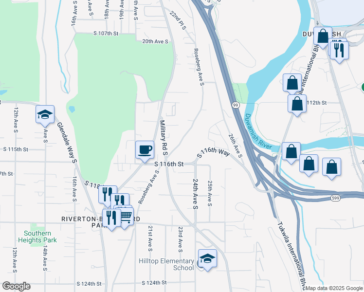 map of restaurants, bars, coffee shops, grocery stores, and more near 11419 Roseberg Avenue South in Burien