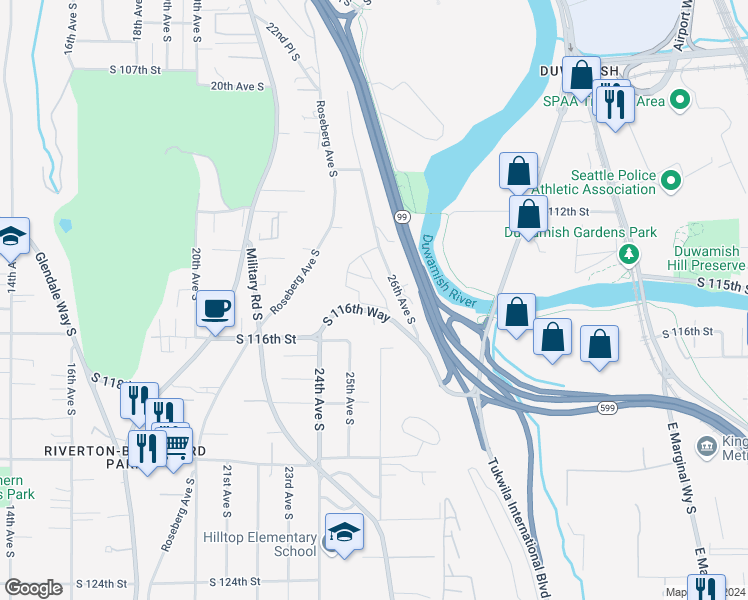 map of restaurants, bars, coffee shops, grocery stores, and more near 11319 26th Avenue South in Burien