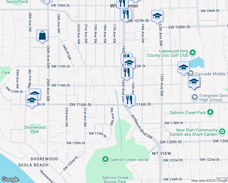 map of restaurants, bars, coffee shops, grocery stores, and more near 1625 Southwest 114th Street in Burien