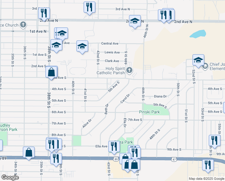 map of restaurants, bars, coffee shops, grocery stores, and more near 4174 5th Avenue South in Great Falls