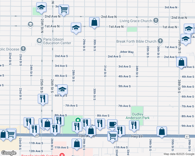 map of restaurants, bars, coffee shops, grocery stores, and more near 3004 4th Avenue South in Great Falls