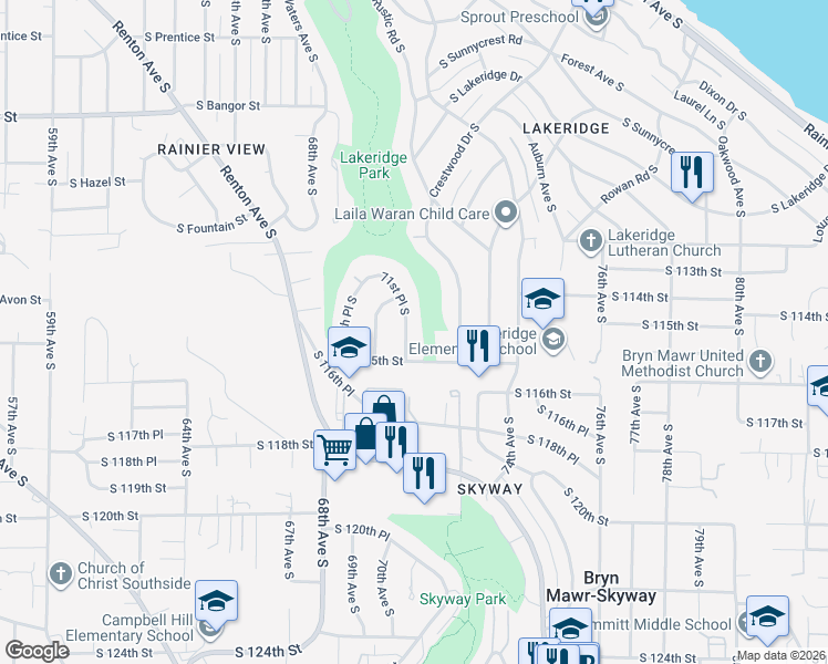 map of restaurants, bars, coffee shops, grocery stores, and more near 11450 71st Place South in Seattle