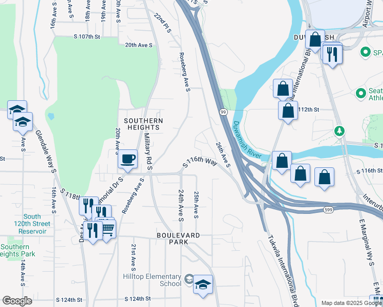 map of restaurants, bars, coffee shops, grocery stores, and more near 2434 South 116th Way in Seattle