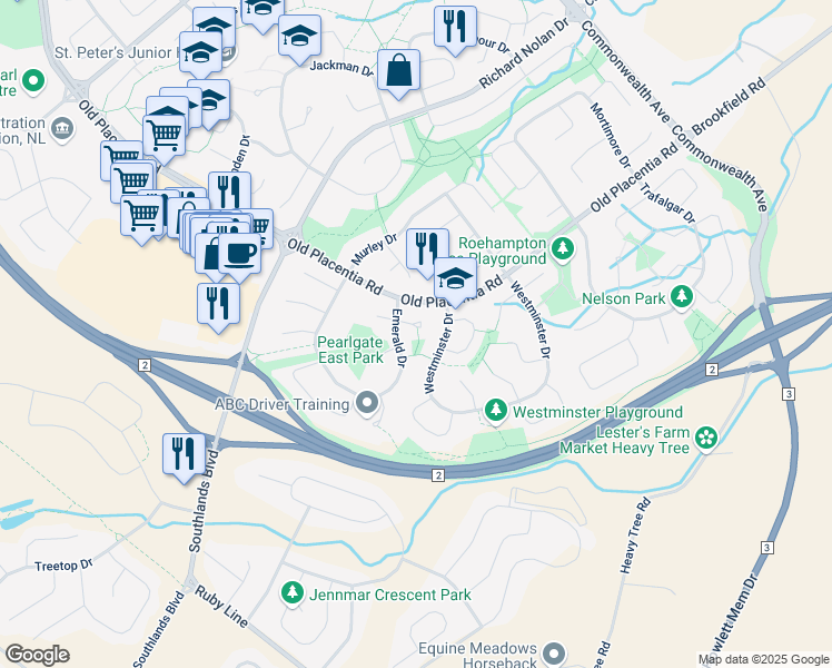 map of restaurants, bars, coffee shops, grocery stores, and more near 4 Crystal Place in Mount Pearl