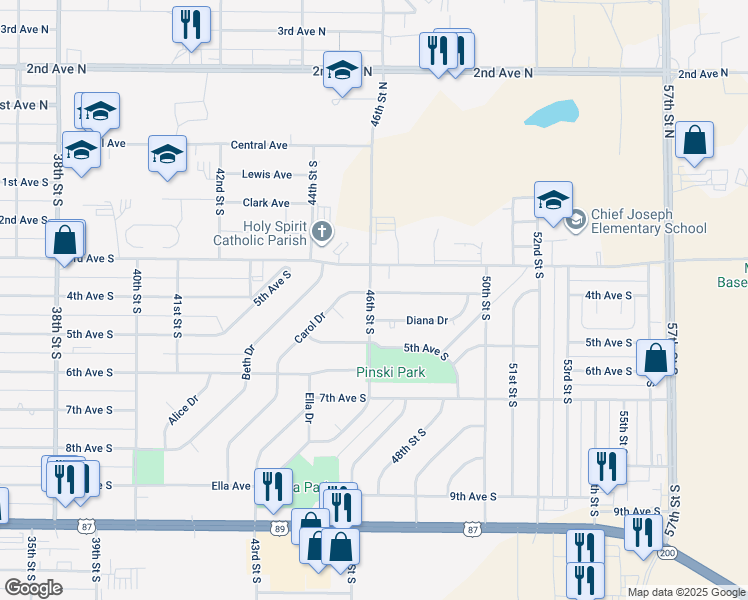 map of restaurants, bars, coffee shops, grocery stores, and more near 403 46th Street South in Great Falls