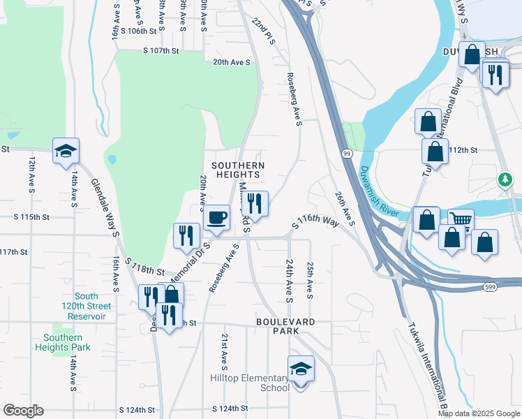 map of restaurants, bars, coffee shops, grocery stores, and more near 11419 Roseberg Avenue South in Burien