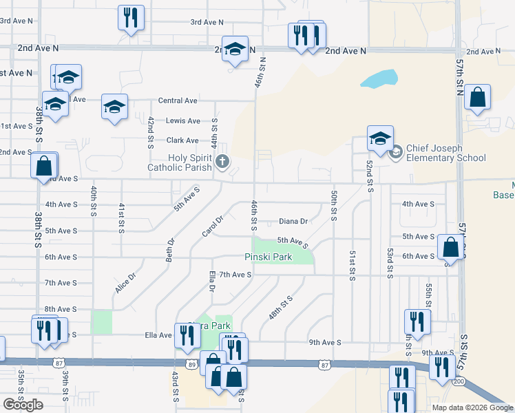 map of restaurants, bars, coffee shops, grocery stores, and more near 403 46th Street South in Great Falls