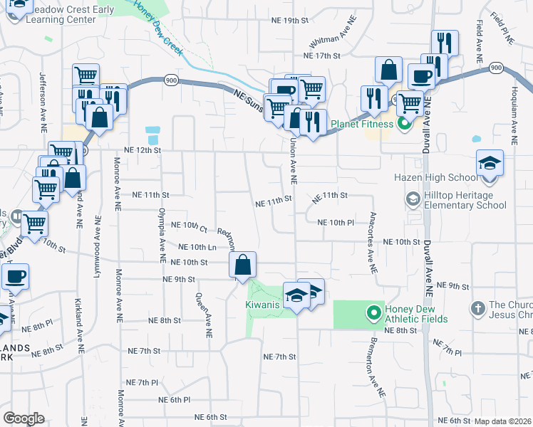 map of restaurants, bars, coffee shops, grocery stores, and more near 1055 Tacoma Avenue Northeast in Renton