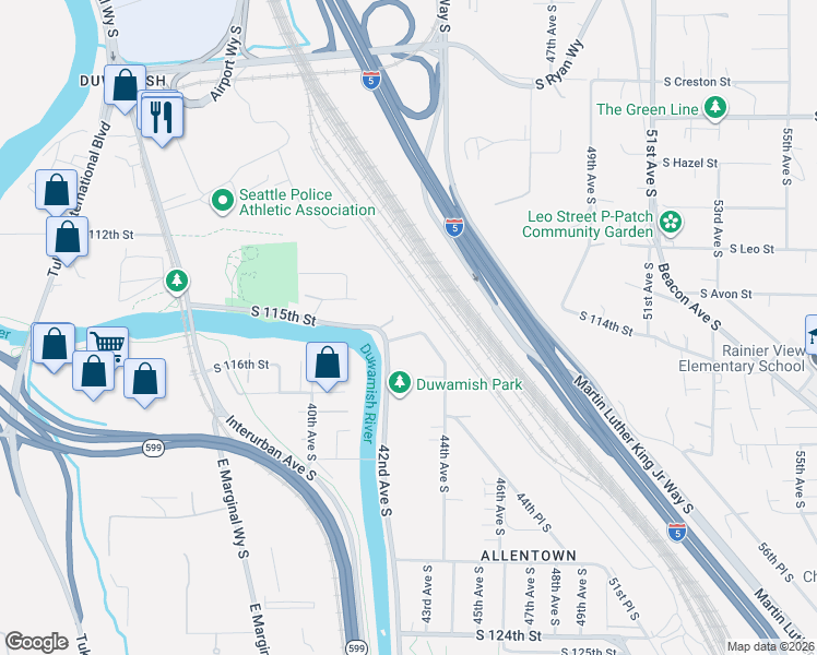 map of restaurants, bars, coffee shops, grocery stores, and more near 4216 South 116th Street in Tukwila