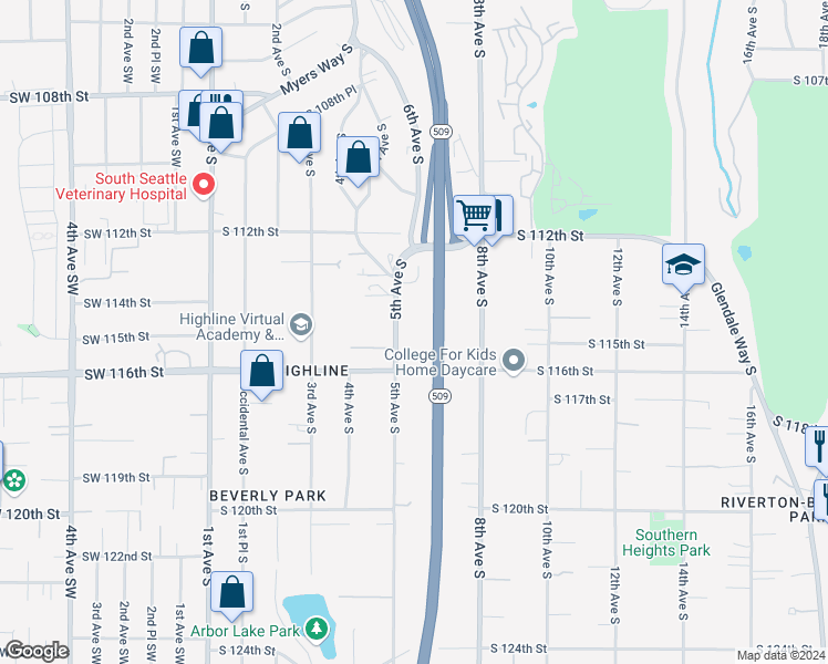 map of restaurants, bars, coffee shops, grocery stores, and more near 11422 5th Avenue South in Seattle