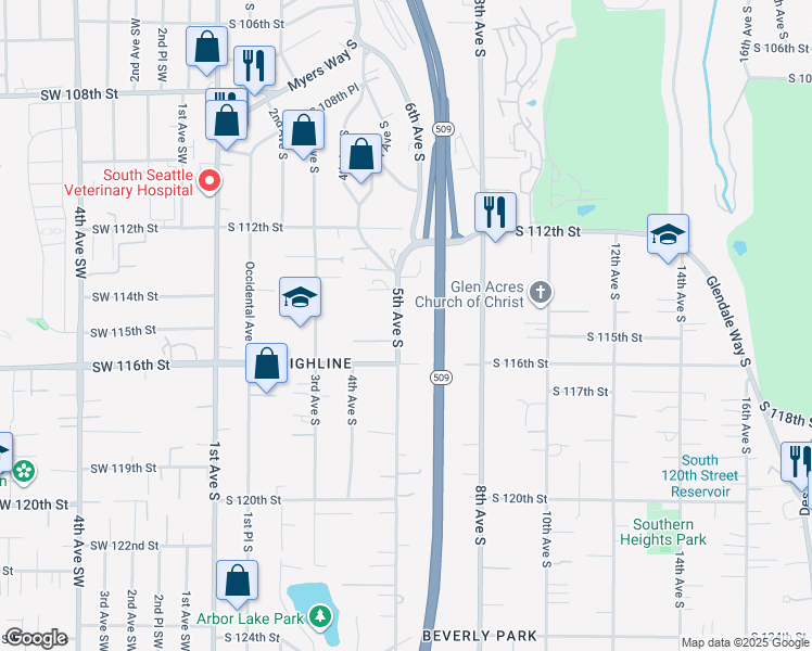 map of restaurants, bars, coffee shops, grocery stores, and more near 11422 5th Avenue South in Seattle