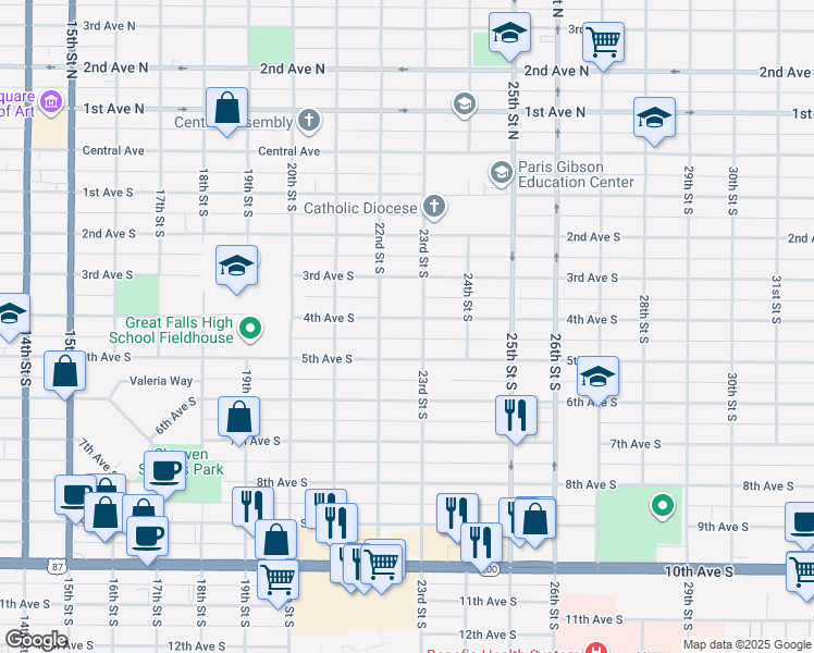 map of restaurants, bars, coffee shops, grocery stores, and more near 2216 4th Avenue South in Great Falls