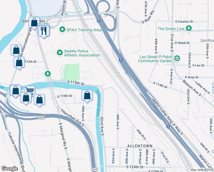 map of restaurants, bars, coffee shops, grocery stores, and more near 4216 South 116th Street in Tukwila