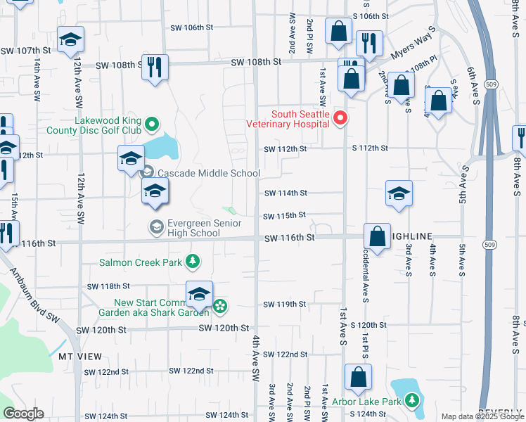 map of restaurants, bars, coffee shops, grocery stores, and more near 11426 4th Avenue Southwest in Seattle