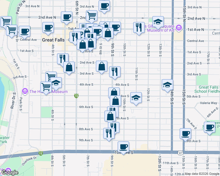 map of restaurants, bars, coffee shops, grocery stores, and more near 822 4th Ave S in Great Falls
