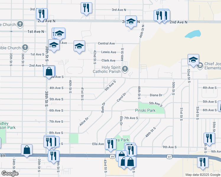 map of restaurants, bars, coffee shops, grocery stores, and more near 4174 5th Avenue South in Great Falls