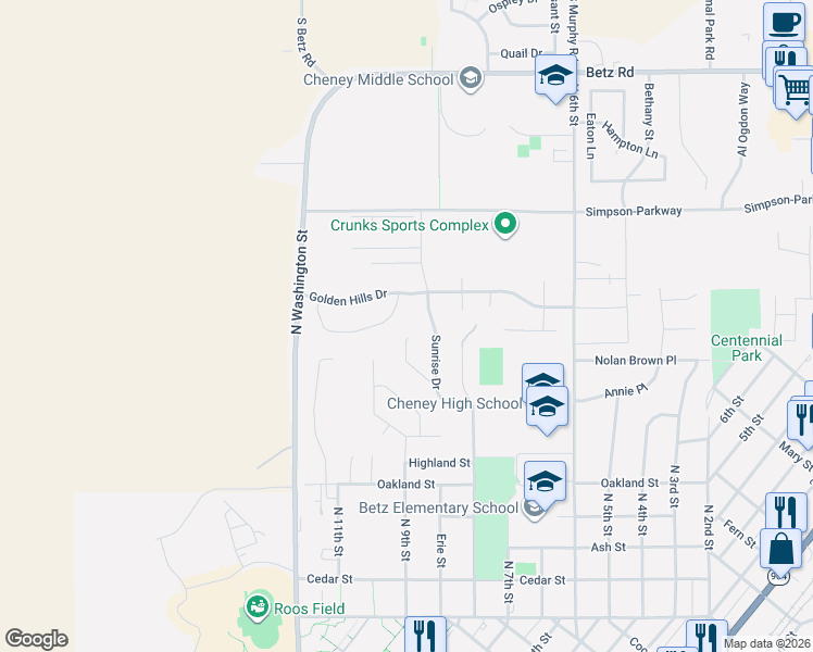 map of restaurants, bars, coffee shops, grocery stores, and more near 731 Montague Dr in Cheney